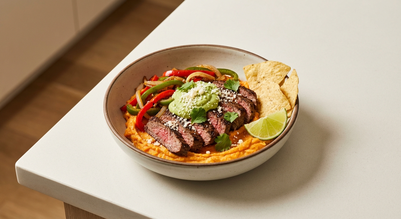 Skirt Steak Fajita Bowl with Sweet Potato Mash