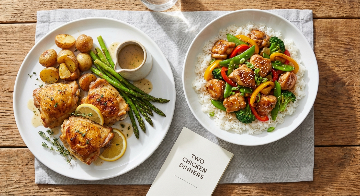 Two Chicken Dinners: Lemon-Herb Roasted Thighs with Garlic Pan Sauce (Dinner A) + Honey-Soy Chicken Stir-Fry with Rice (Dinner B)