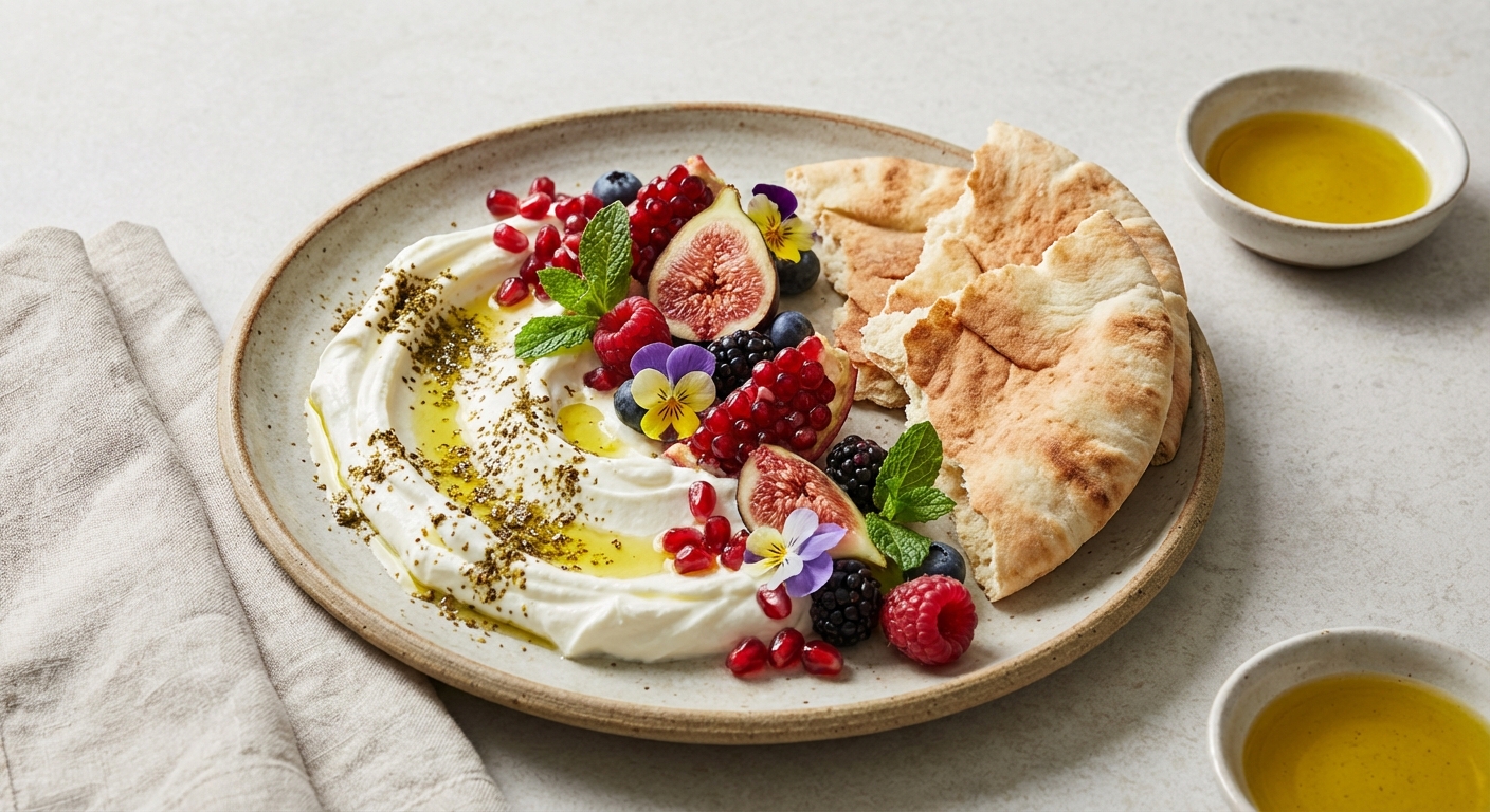 Labneh Breakfast Plate with Warm Pita, Za'atar & Fresh Fruit