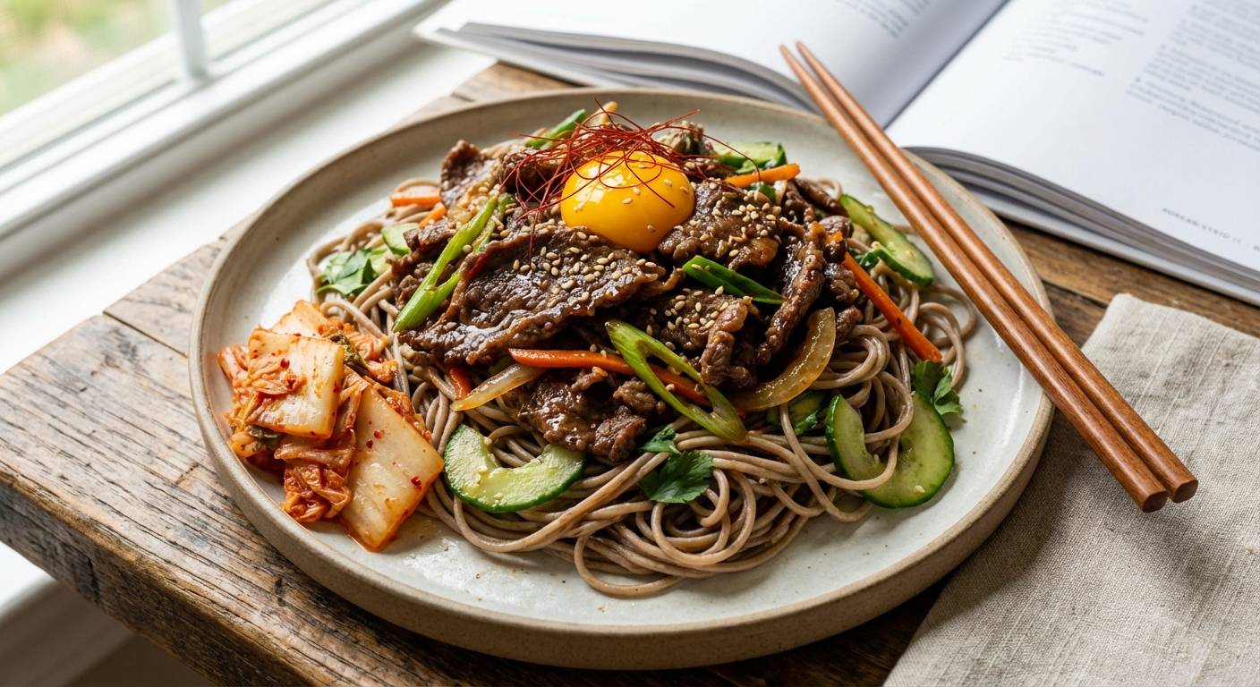 Korean-Style Bulgogi Beef Stir‑Fry with Quick-Pickled Cucumber & Scallion Soba Noodles