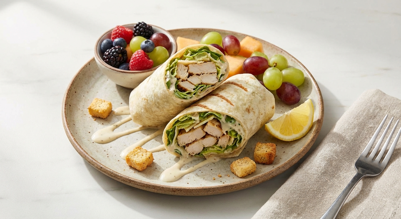 Grilled Chicken Caesar Wrap with Fresh Fruit