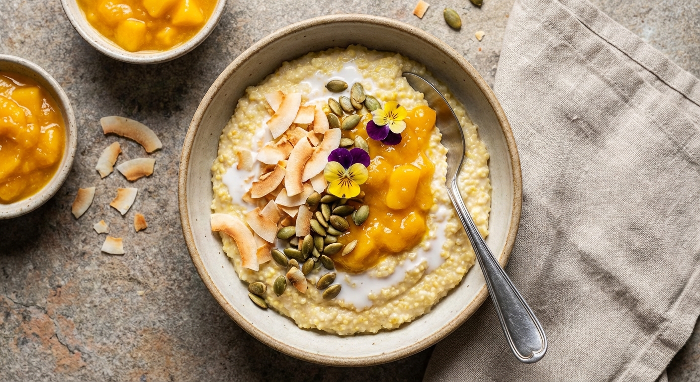 Warm Millet Porridge with Toasted Coconut & Mango Compote