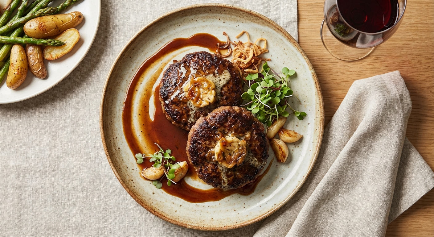 Restaurant-Style Pan-Seared Hamburger Patties with Caramelized Garlic-Onion Butter