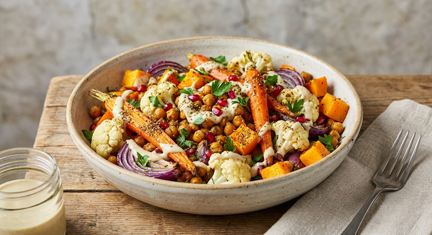 Chickpea & Roasted Vegetable Salad with Lemon-Tahini Dressing