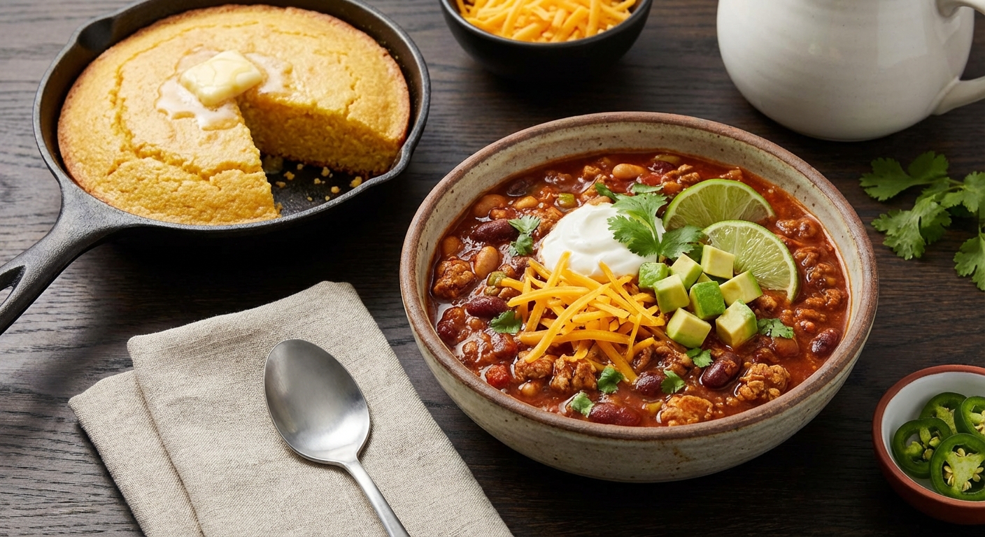 Turkey Chili with Beans and Cornbread