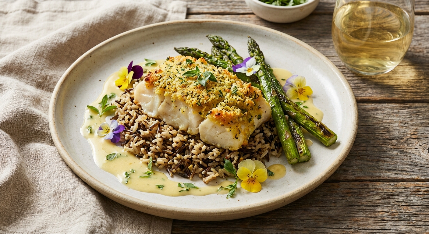 Baked Cod with Lemon-Herb Crust, Wild Rice Pilaf & Asparagus