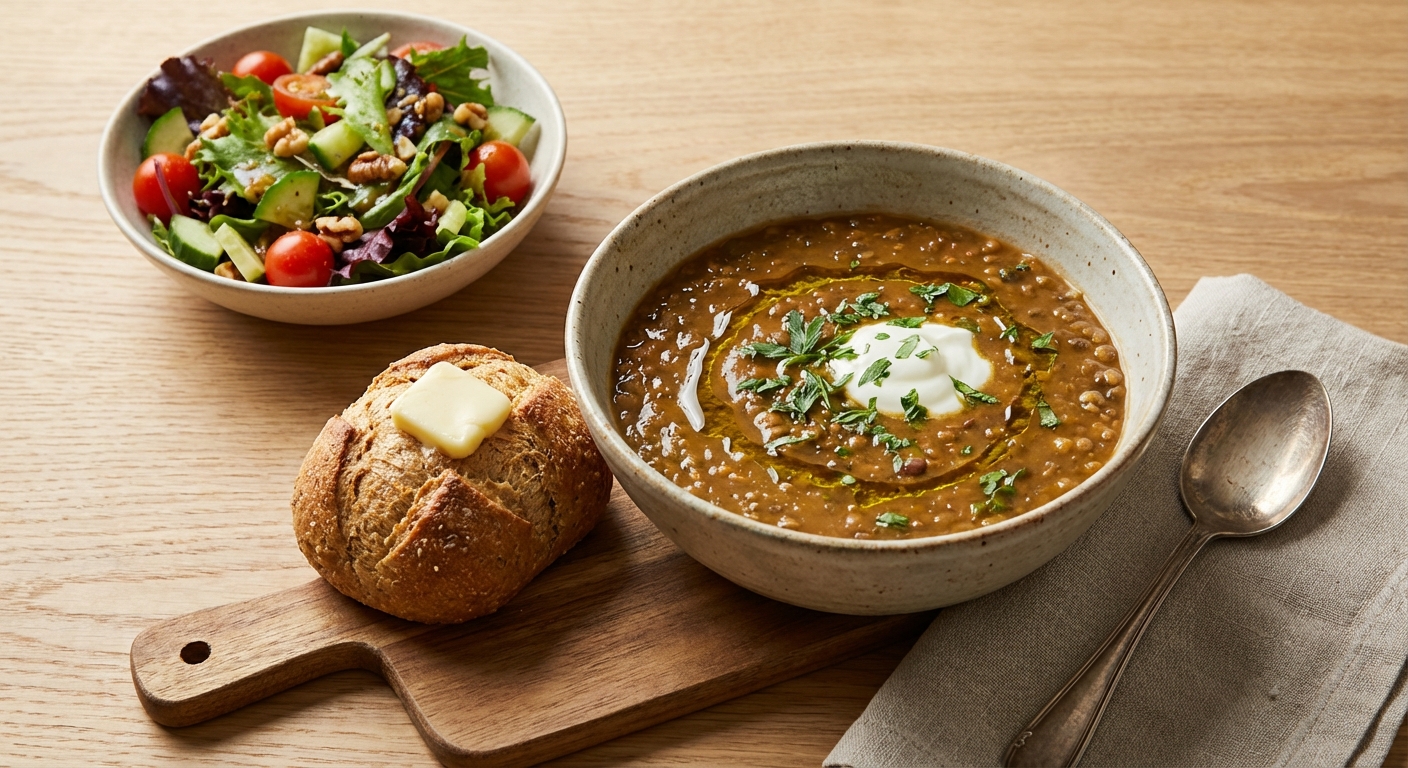 Hearty Lentil Soup with Whole-Grain Roll & Side Salad