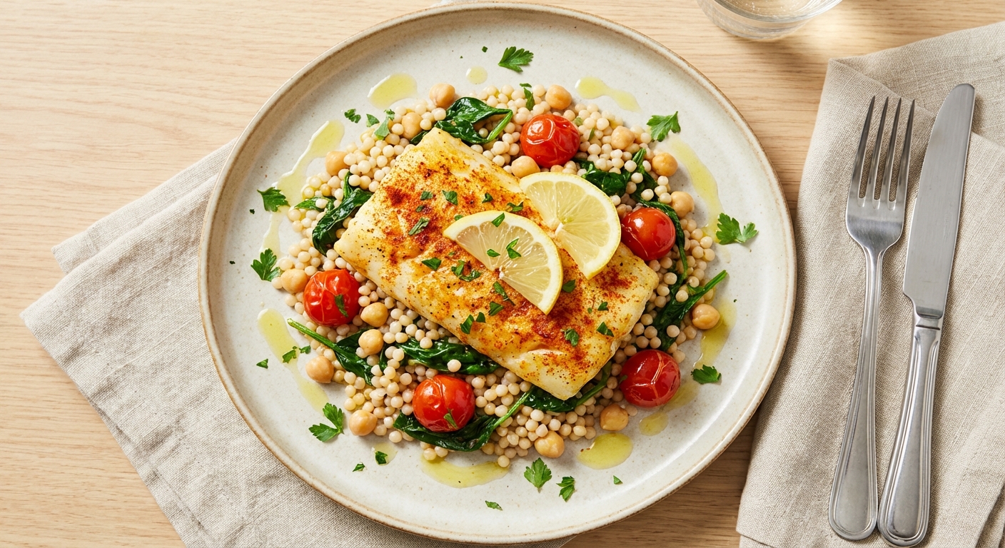 Baked Lemon-Paprika Cod with Israeli Couscous & Chickpea-Spinach Salad