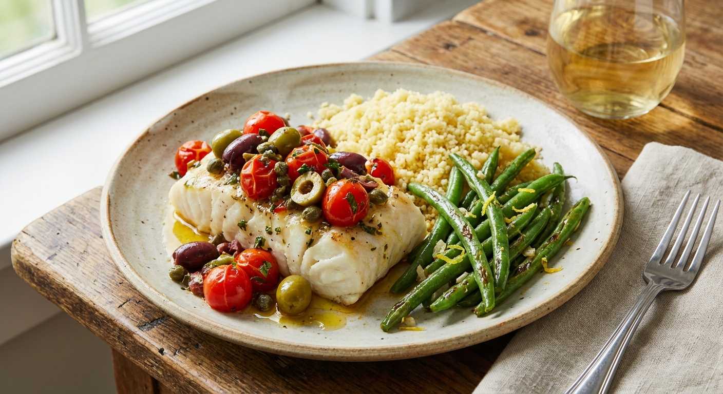 Baked Cod with Tomato-Olive Relish, Sautéed Green Beans & Lemon Couscous