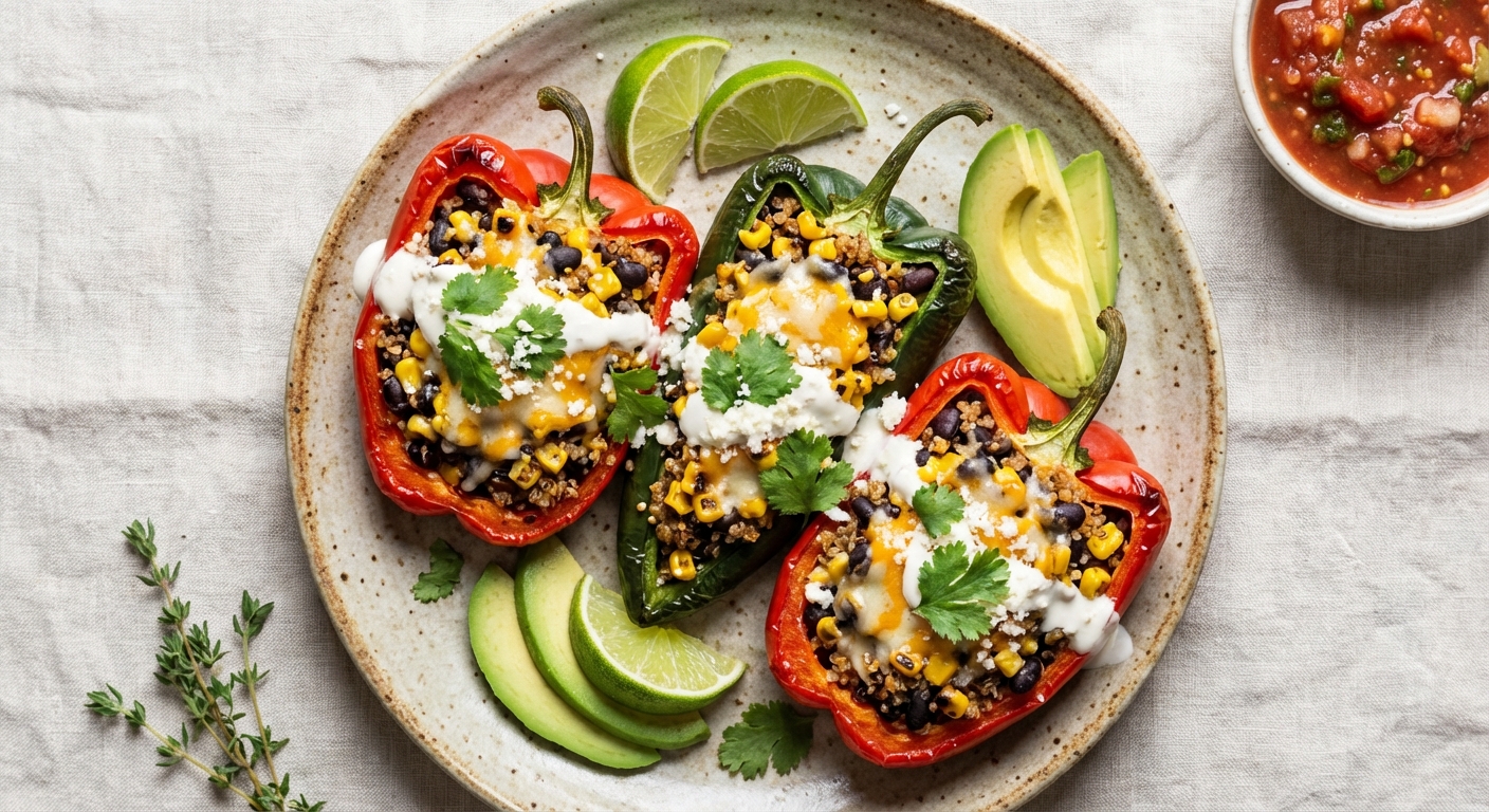Quinoa & Black Bean Stuffed Peppers with Corn and Cheese