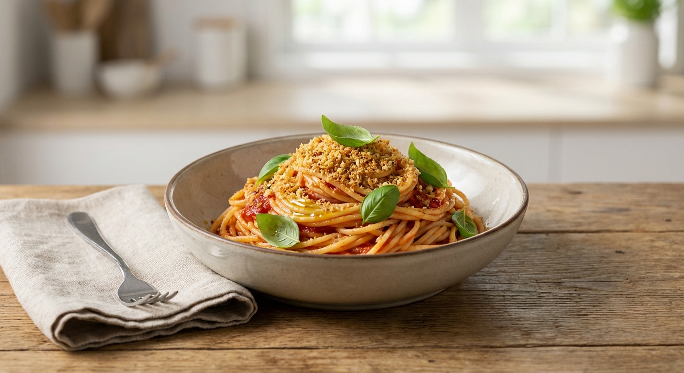 Spaghetti al Pomodoro with Crispy Garlic Breadcrumbs and Fresh Basil