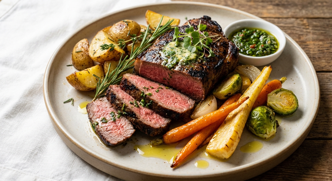 Grilled Sirloin with Rosemary Potatoes & Roasted Vegetables
