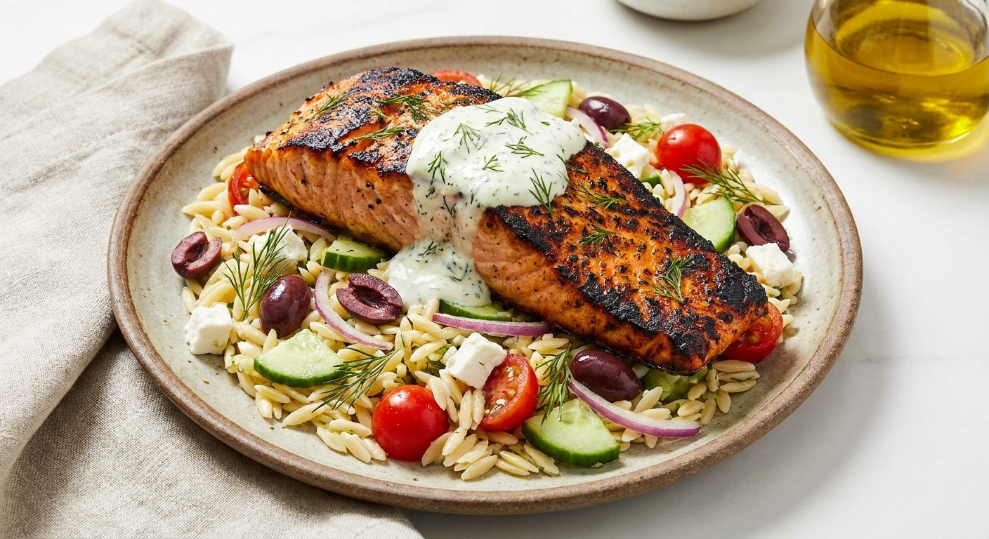 Greek Grilled Salmon over Orzo with Cucumber, Kalamata & Dill