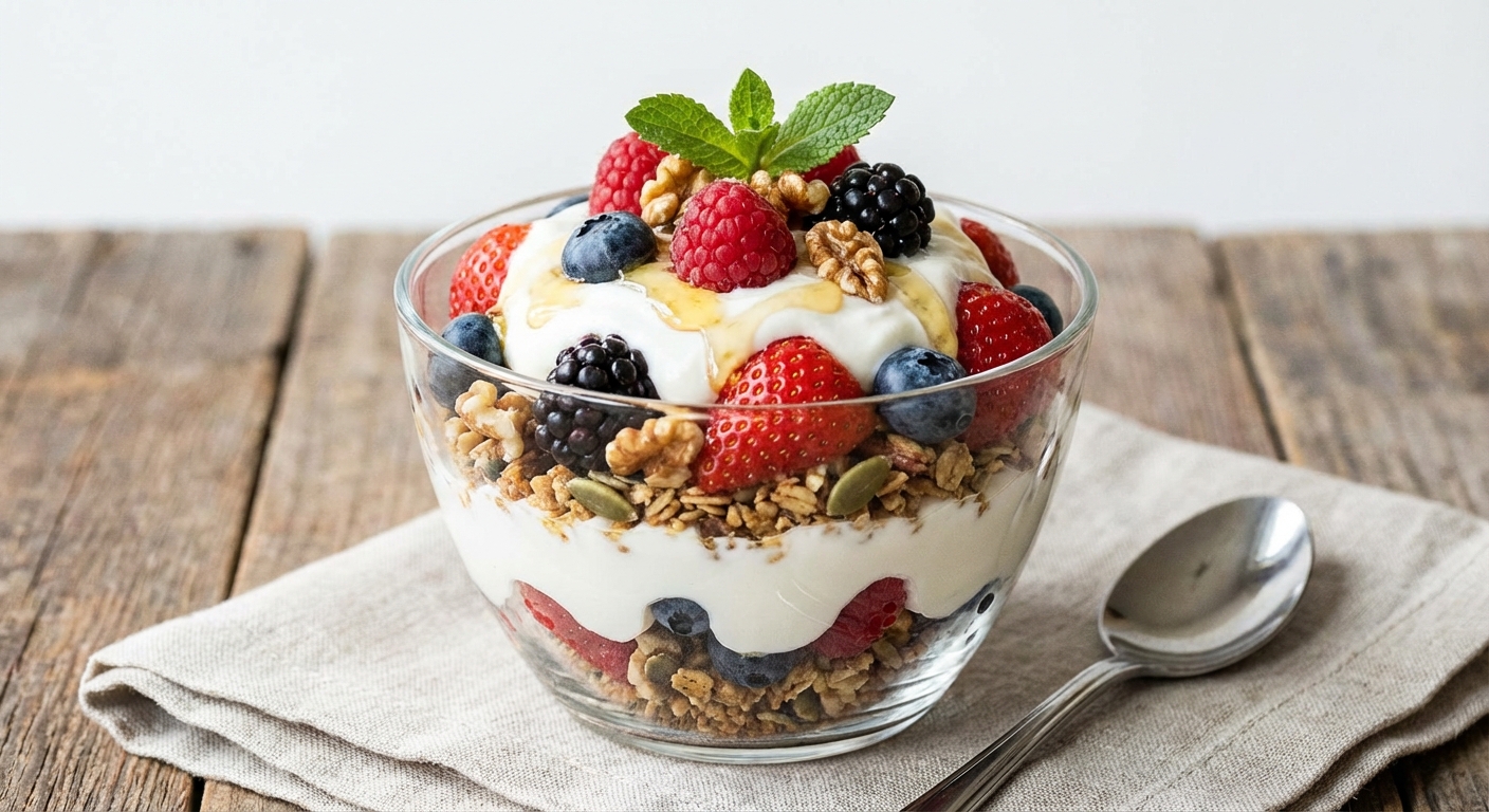 Greek Yogurt & Berry Parfait with Granola & Walnuts