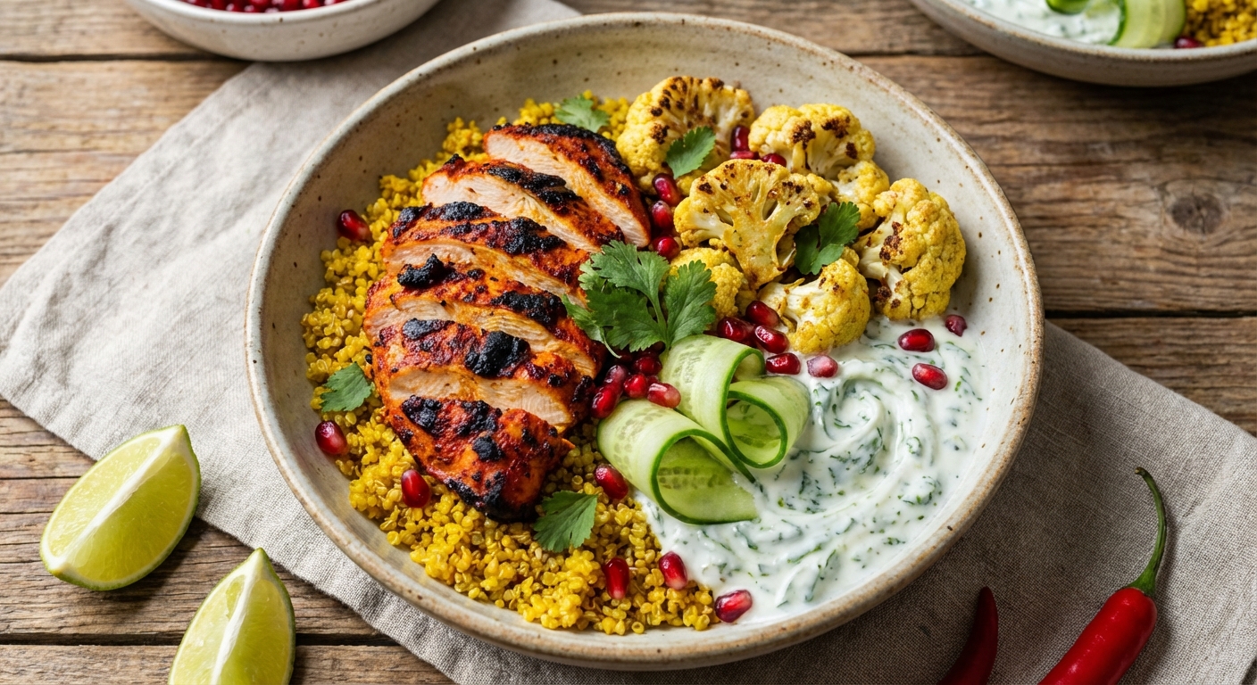 Tandoori-Spiced Chicken Bowl with Turmeric Quinoa, Roasted Cauliflower & Mint Raita