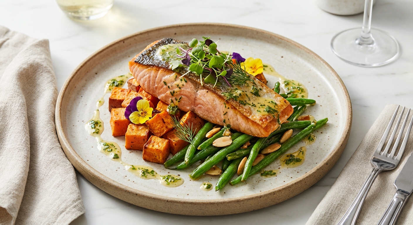 Baked Salmon with Roasted Sweet Potato & Sautéed Green Beans