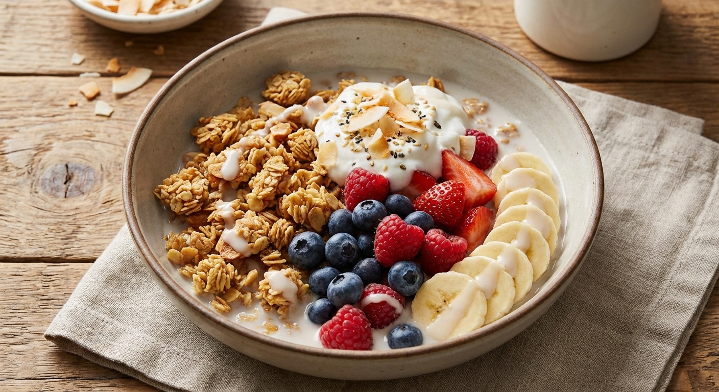 Berry-Almond Coconut Granola with Sliced Banana & Almond Milk (Paleo)