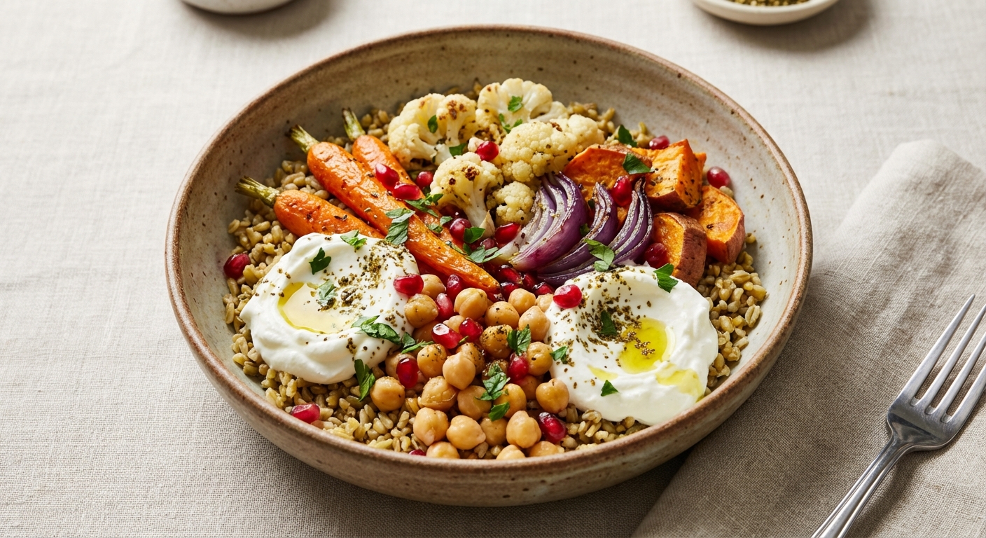 Roasted Vegetable & Chickpea Freekeh Bowl with Labneh