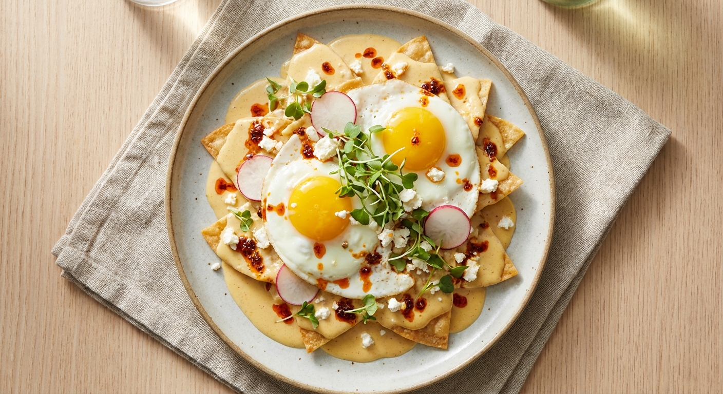 Pan-Fried Flour Chip Chilaquiles with Creamy Spiced Milk Sauce and Runny Eggs