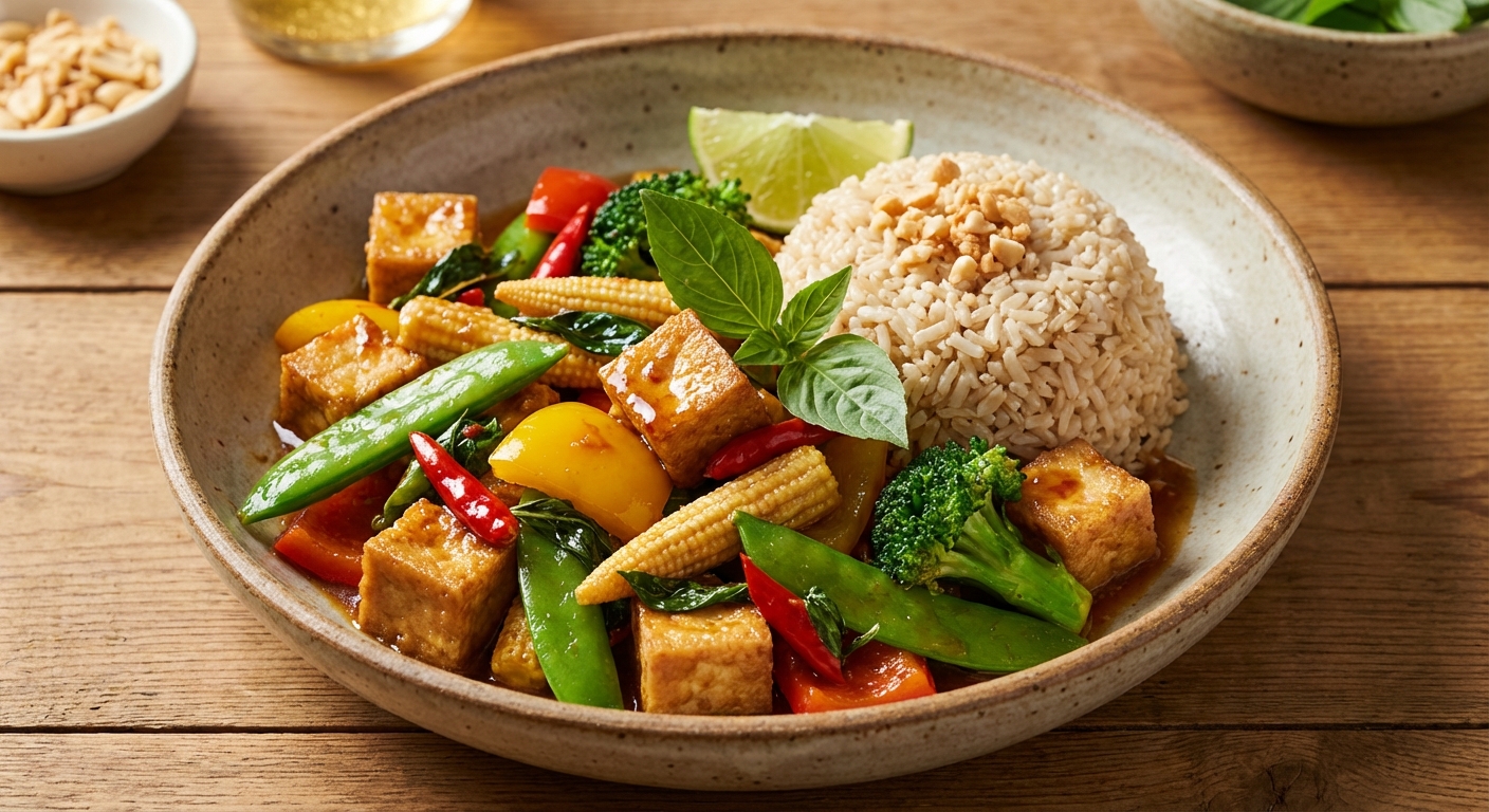 Thai Basil Tofu Stir-fry with Mixed Vegetables & Brown Rice
