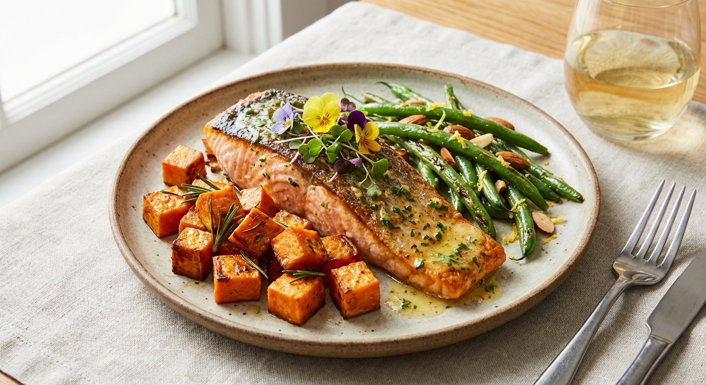 Baked Salmon with Roasted Sweet Potato & Sautéed Green Beans