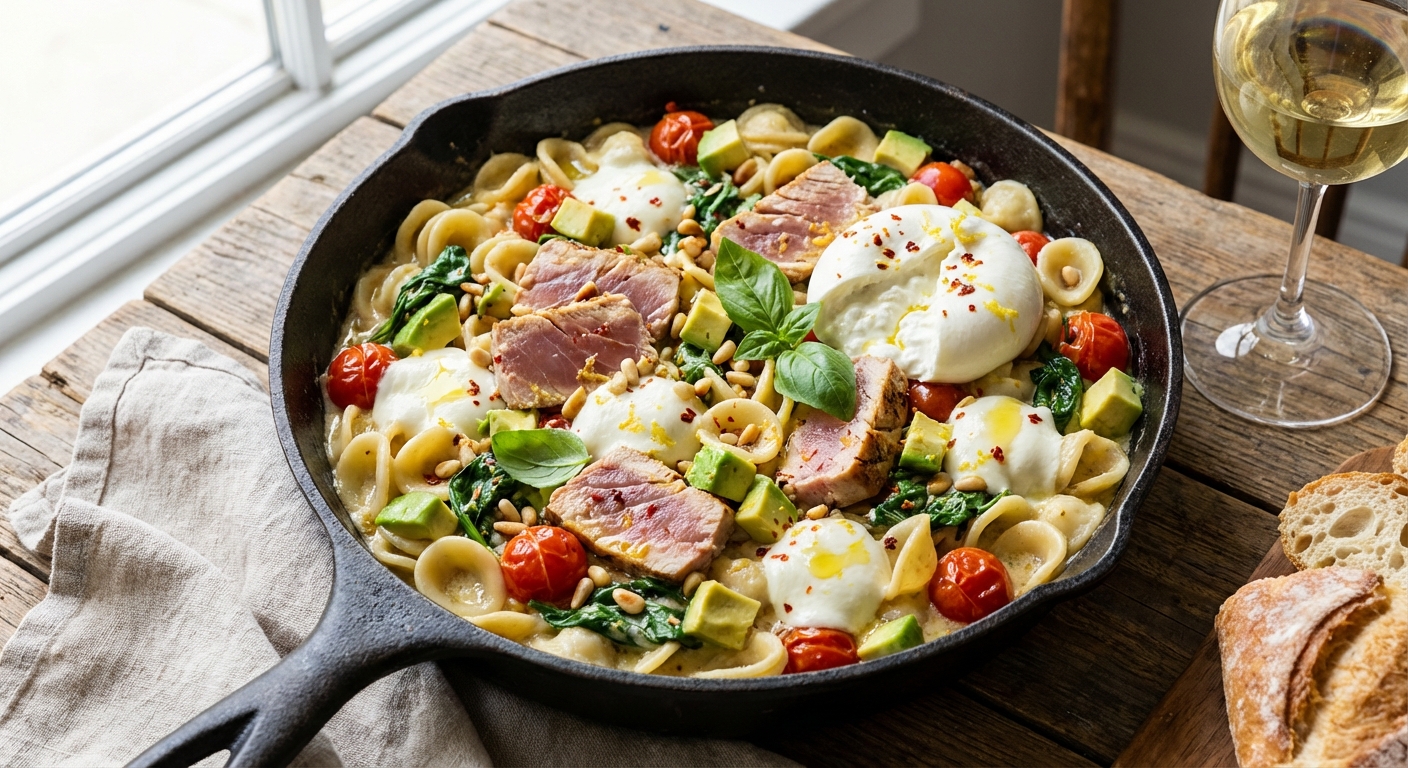 One‑Pan Garlicky Tuna, Avocado & Mozzarella Skillet Pasta