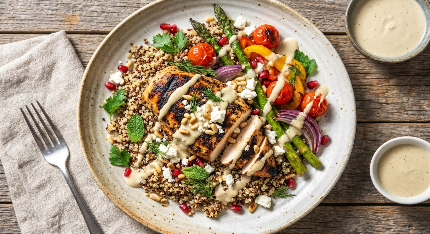 Grilled Chicken & Quinoa Salad with Lemon-Tahini Dressing