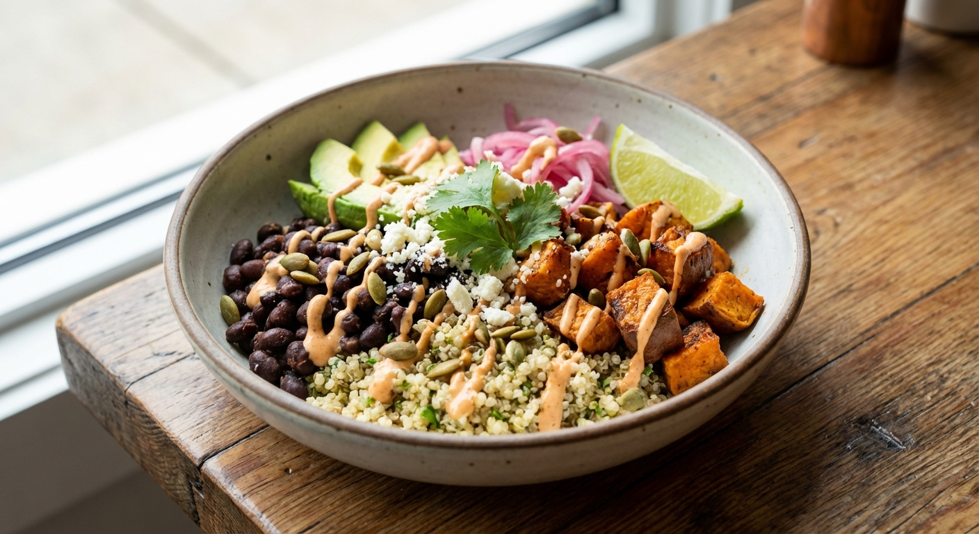 Smoky Chipotle Black Bean & Roast-Sweet Potato Bowl with Cilantro-Lime Quinoa