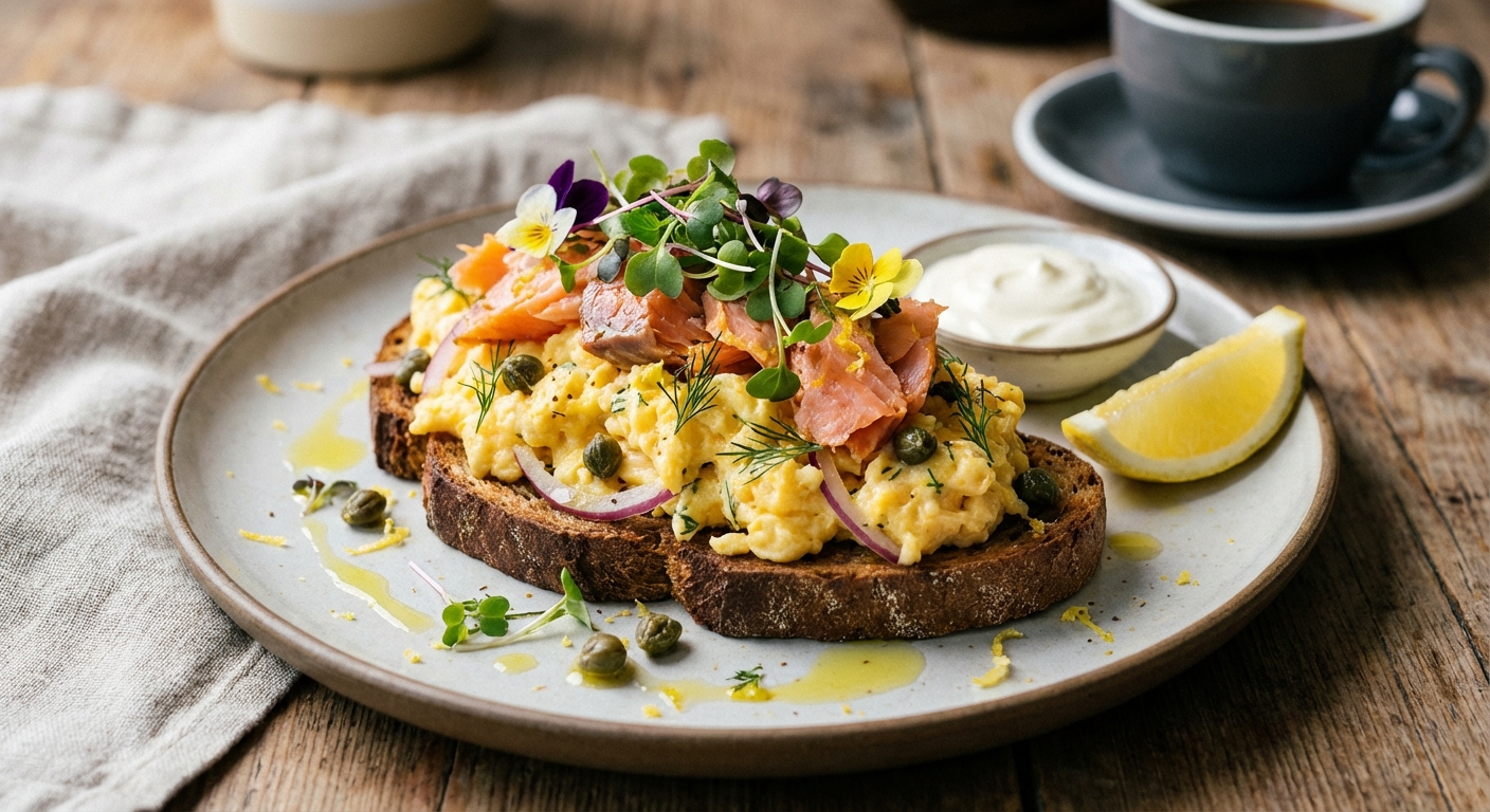 Smoked Salmon, Dill & Caper Scrambled Eggs on Rye