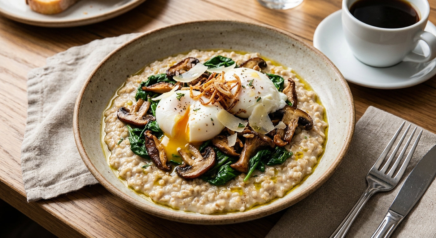 Savory Steel-Cut Oats with Sautéed Mushrooms, Spinach & Soft Eggs