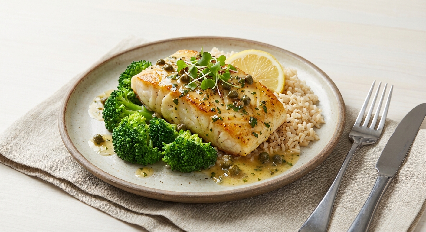 Pan-Seared Cod with Lemon Butter, Brown Rice & Steamed Broccoli