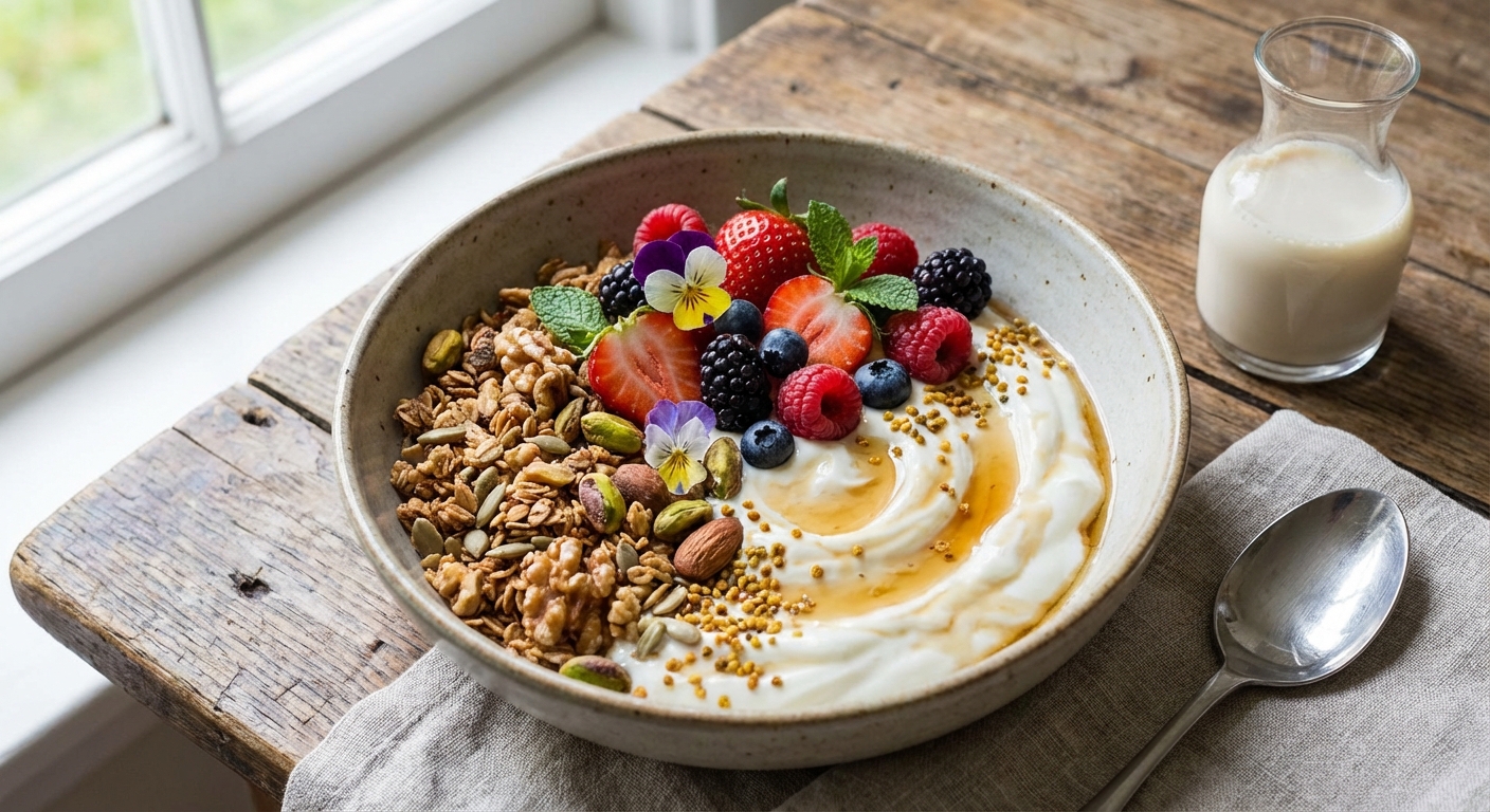 Fruit & Nut Muesli with Soy Yogurt and Fresh Berries