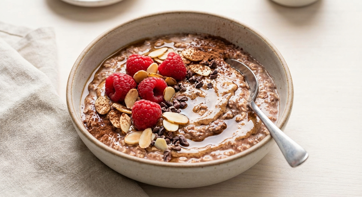 Almond-Cocoa Overnight Oats with Raspberries & Almonds