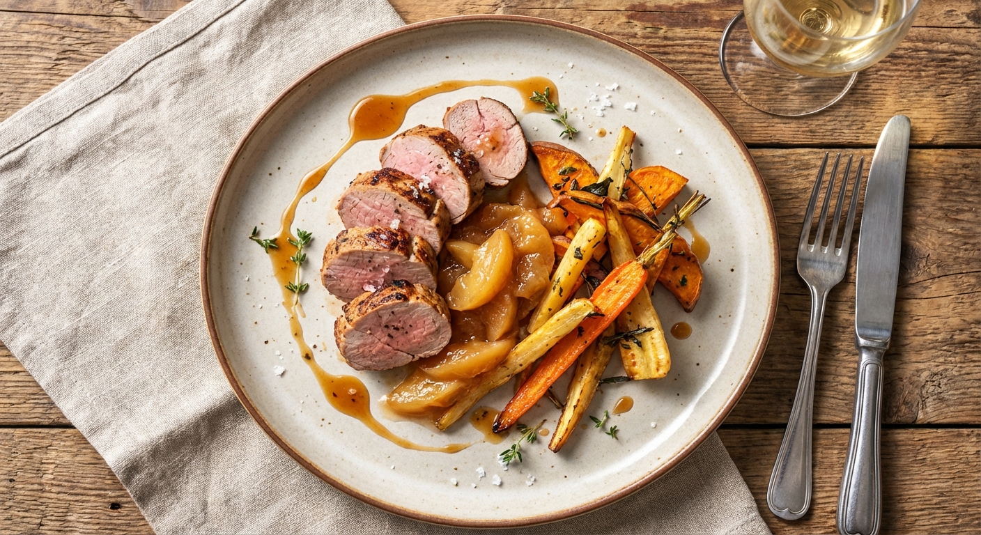 Pork Tenderloin with Apple Compote & Roasted Root Vegetables