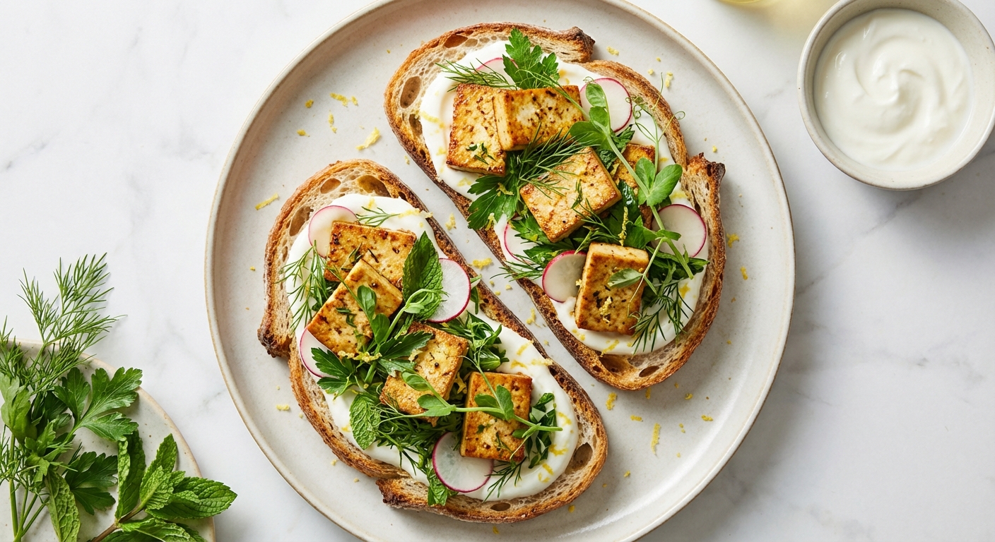 Crisp Marinated Tofu & Spring-Herb Toast with Radish, Pea Shoots & Lemon Yogurt