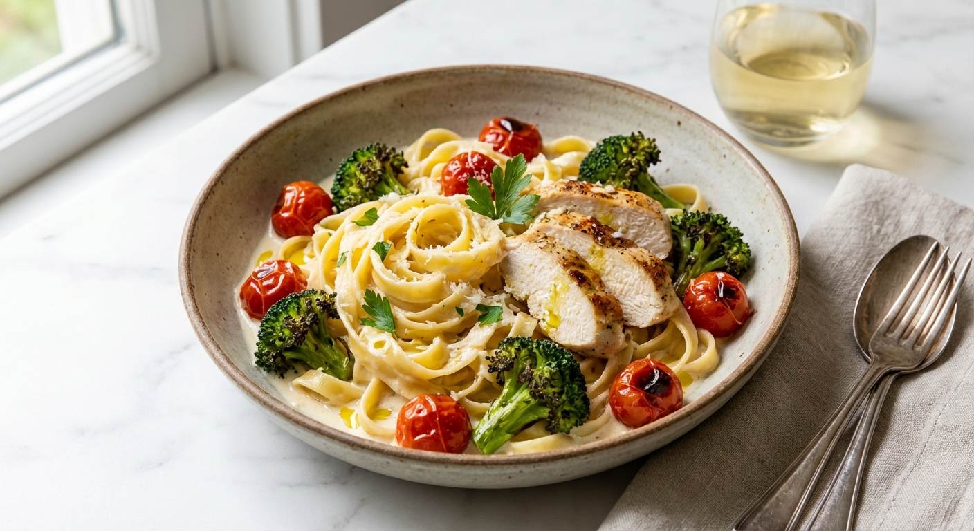 Creamy Garlic Chicken Pasta with Roasted Broccoli & Cherry Tomatoes