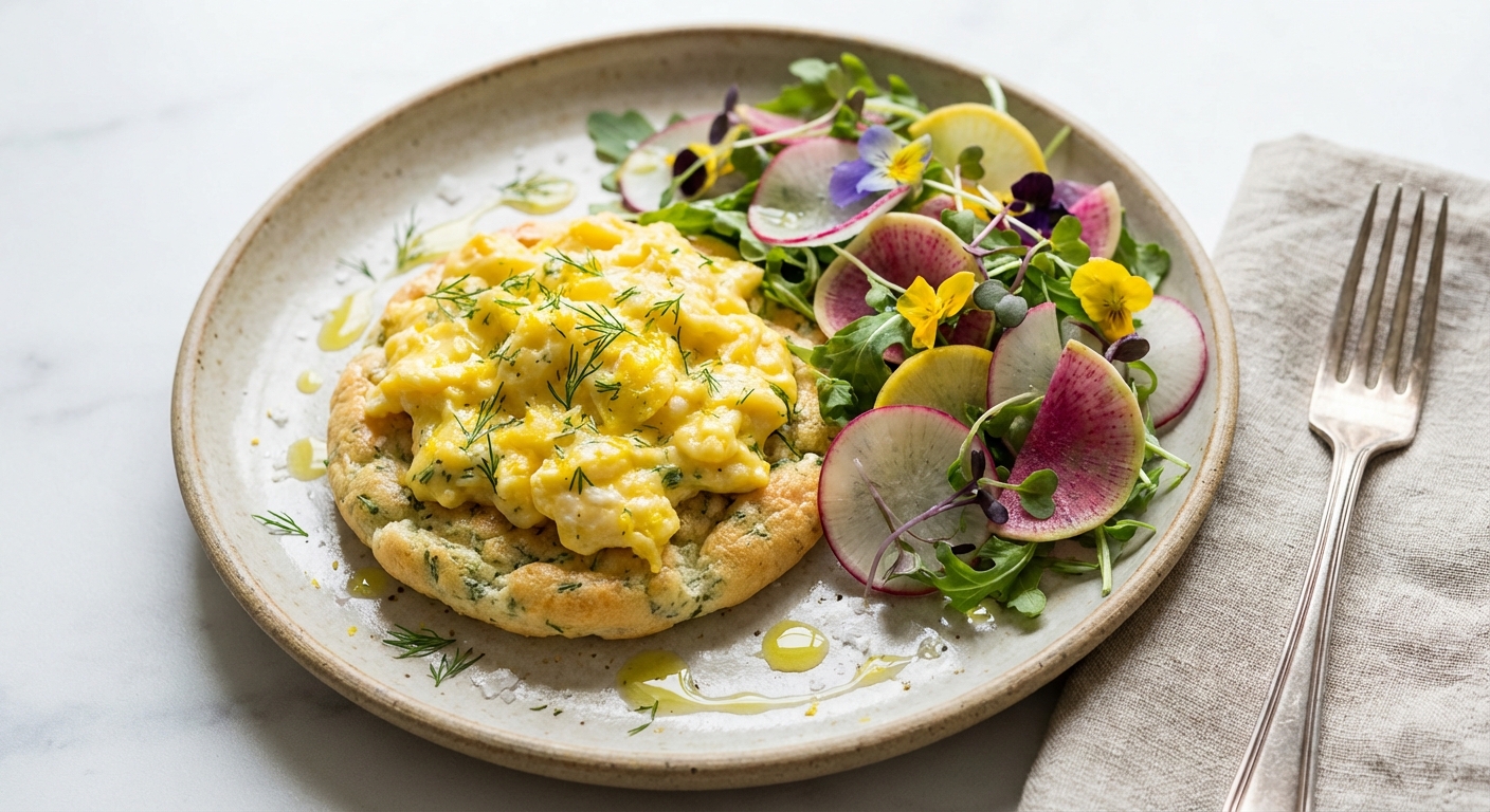 Lemon-Dill Soft Scrambled Eggs on Quick Herbed Cloud Bread with Spring Radish–Arugula Salad