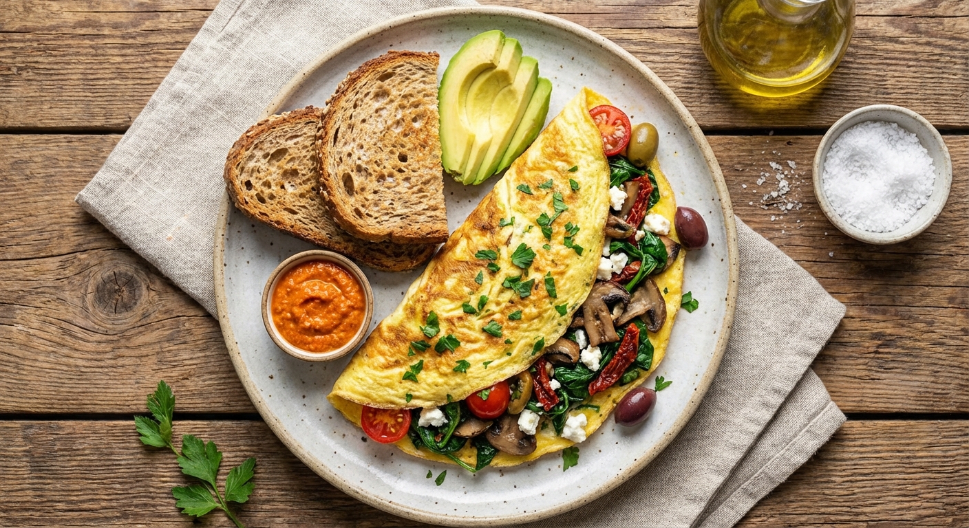 Mediterranean Spinach & Mushroom Omelette with Whole-Grain Toast