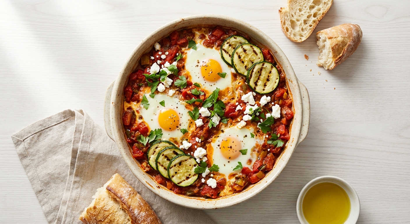 Baked Eggs in Spiced Tomato-Pepper Sauce with Grilled Zucchini