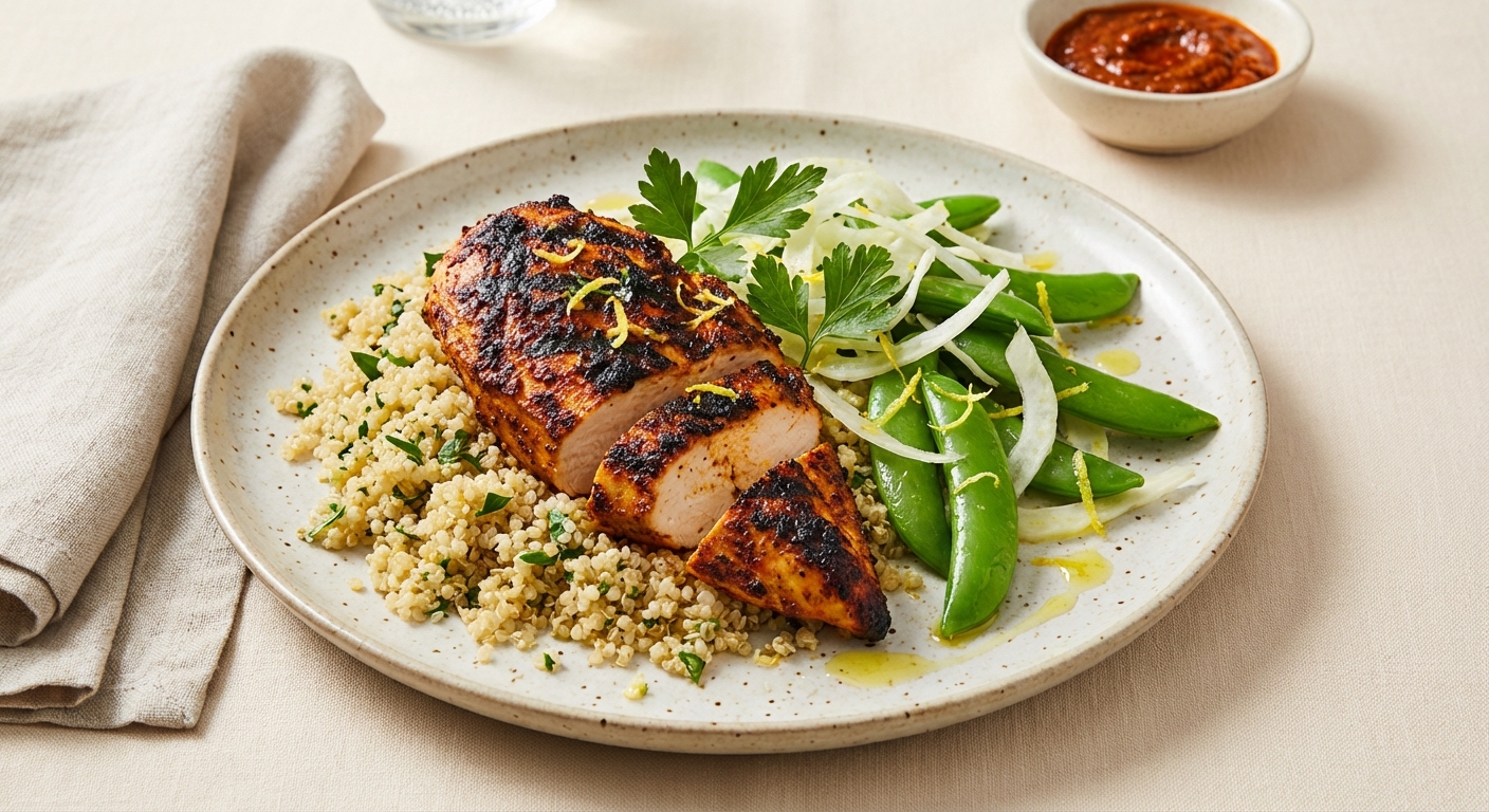 Grilled Harissa Chicken with Lemon‑Parsley Quinoa, Blanched Sugar Snap Peas & Shaved Fennel