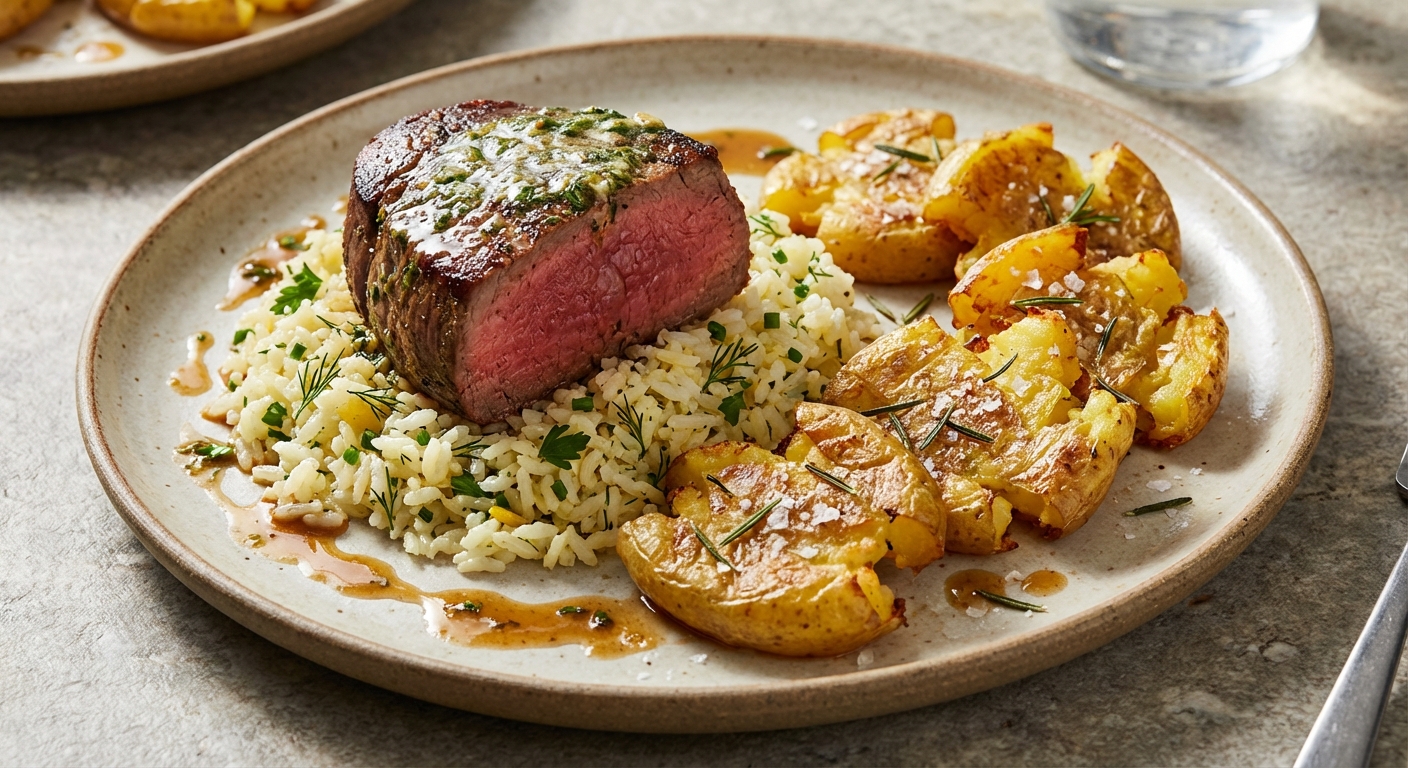 Pan-Seared Beef with Lemon-Garlic Herbed Rice and Crispy Smashed Potatoes