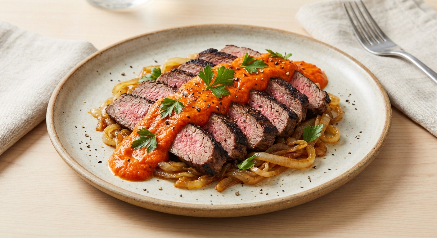 Seared Flank Steak with Caramelized Onions & Roasted Bell Pepper Sauce
