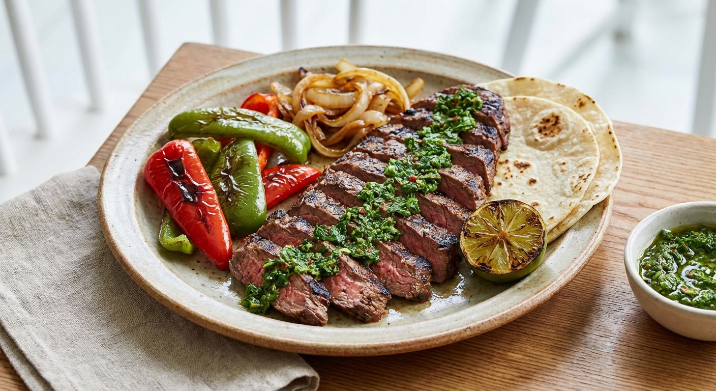 Carne Asada with Grilled Peppers, Onions & Chimichurri (Mexican)