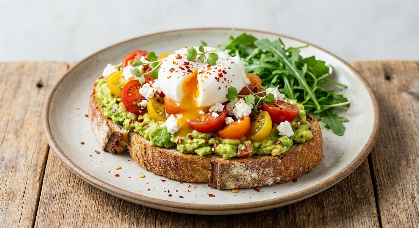 Smashed Avocado Toast with Cherry Tomatoes, Feta & Poached Egg