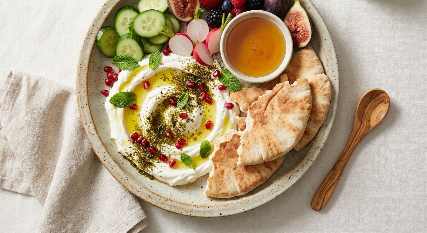Labneh Breakfast Plate with Warm Pita, Za'atar & Fresh Fruit