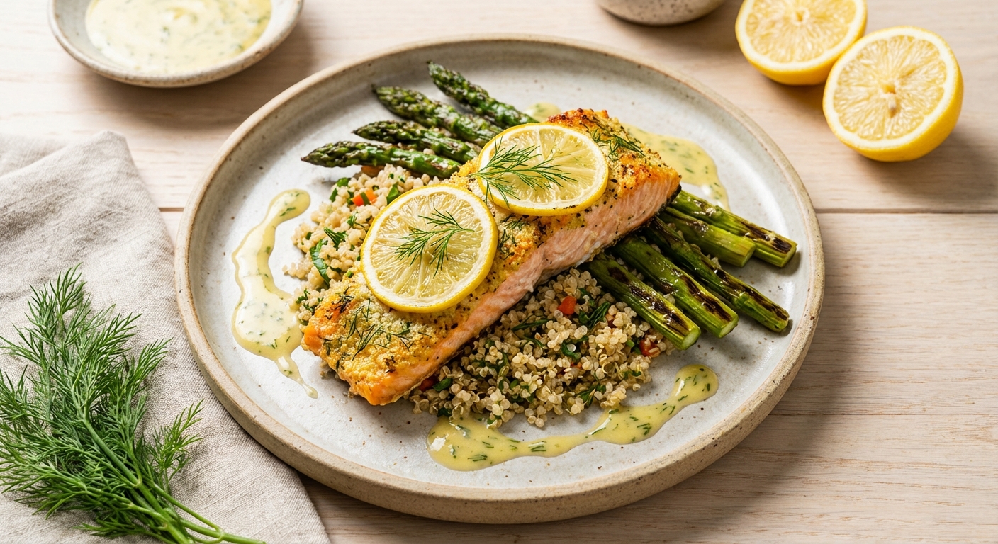 Baked Lemon-Dill Salmon with Quinoa & Roasted Asparagus