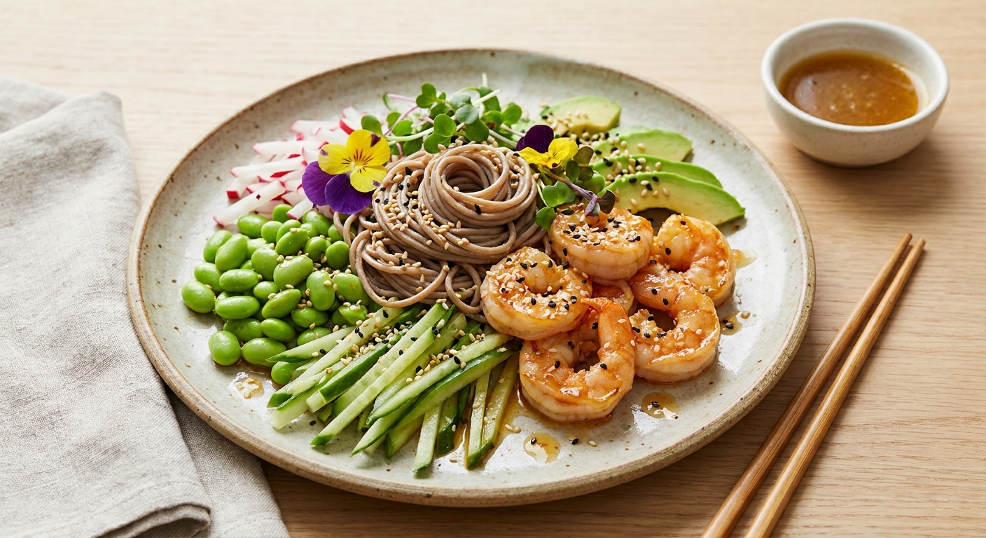 Cold Soba Noodle Salad with Citrus Shrimp, Edamame & Toasted Sesame