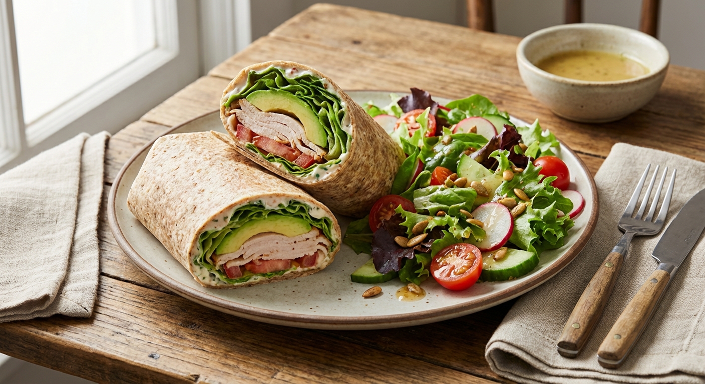 Turkey & Avocado Whole-Grain Wrap with Mixed Side Salad
