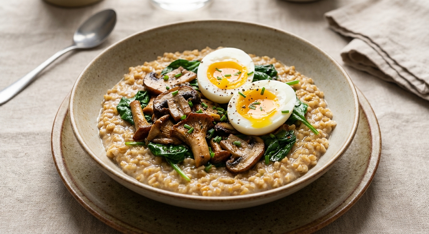 Savory Steel-Cut Oats with Sautéed Mushrooms, Spinach & Soft Eggs