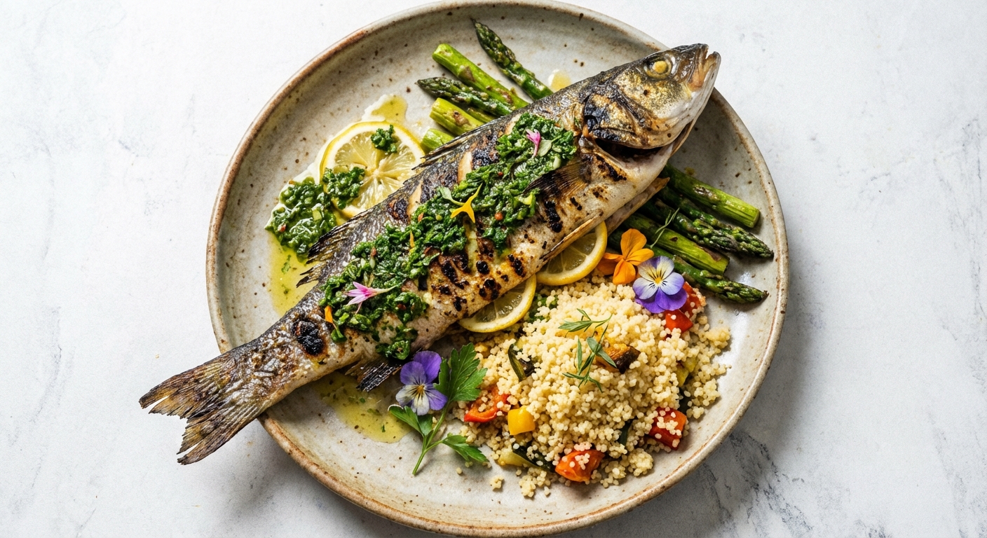 Grilled Sea Bass with Lemon-Herb, Roasted Asparagus & Couscous